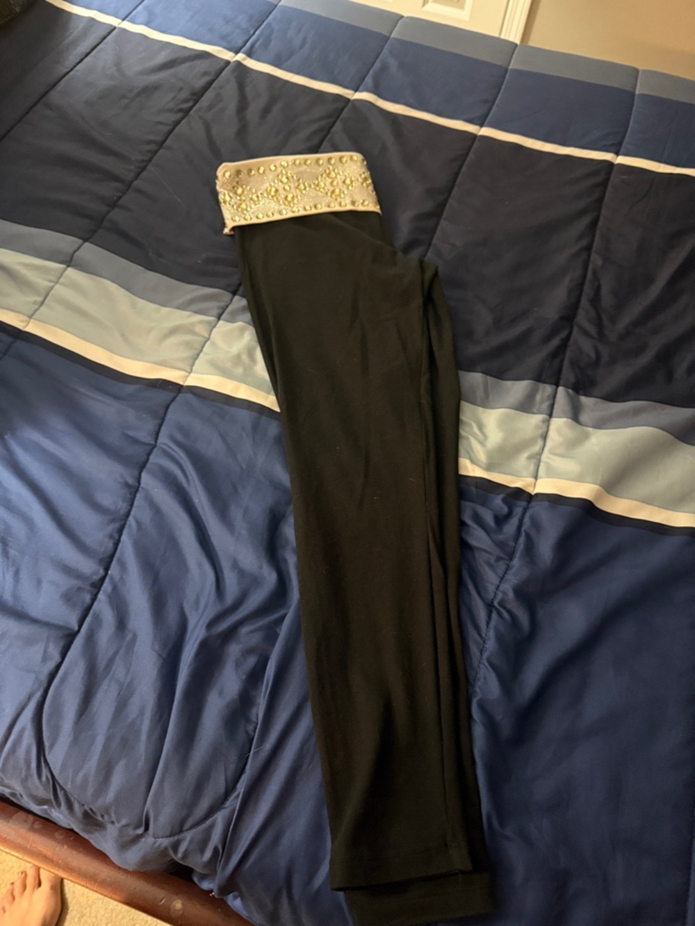 PINK Victoria's Secret Black Capri Leggings with Cream Beaded Waistband